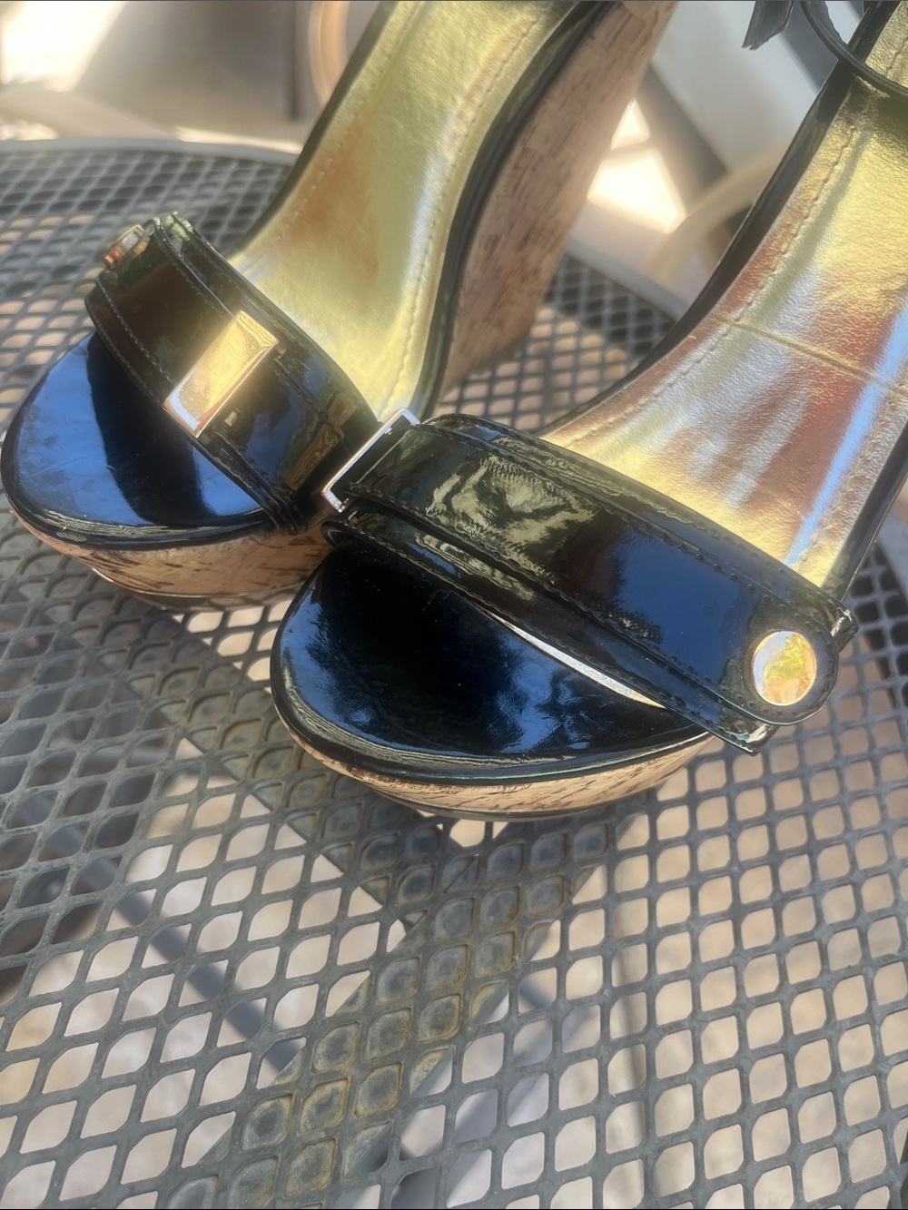 Wild Diva Black Patent Cork Wedge Sandals with Ankle Strap - Picture 4 of 9